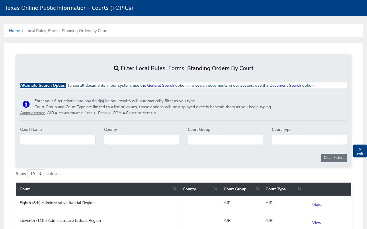 Rains County court filters for docket search