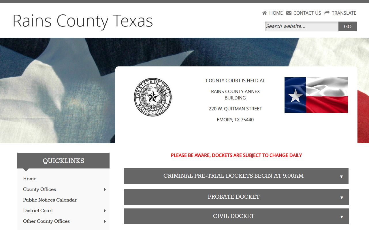 Rains County court docket venue and daily change notice